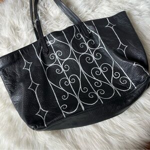 Hand Painted Vintage Black Leather Tote Bag Iron Gate Motif